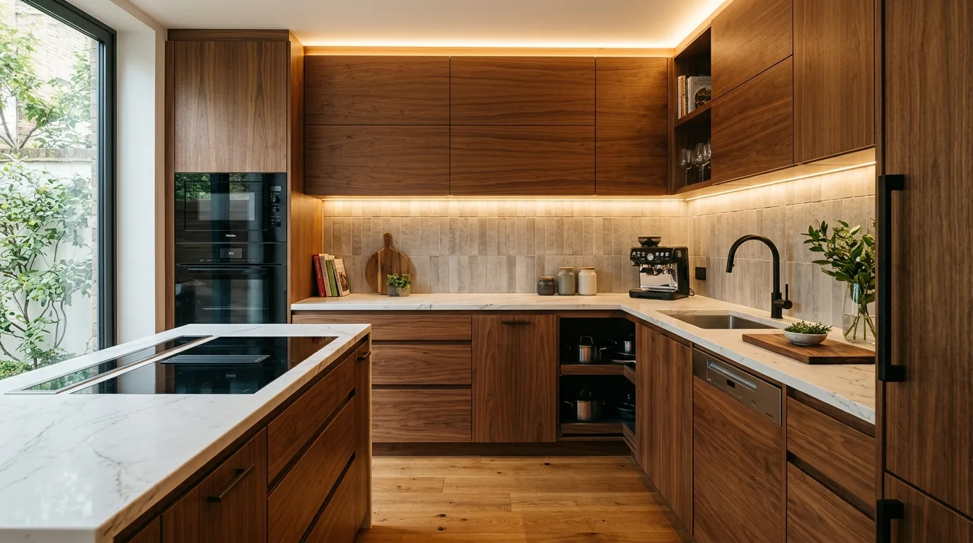 Keep the accessories edited and tonal inspiration for a walnut kitchen.